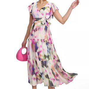 DKNY Watercolor Floral Tiered Faux Wrap Tie Maxi Dress‎ V-Neck Flutter Sleeve 6